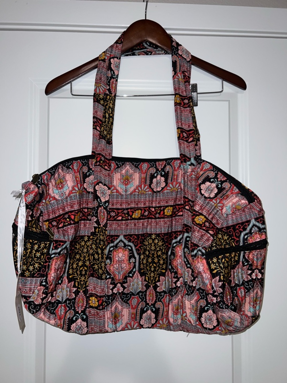 Karma Highway Quilted Floral Duffle Bag in Pink and Black